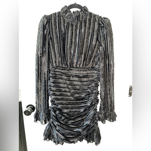 Black Velvet Ruffle Mini Dress with Sheer Detailing - Picture 3 of 5